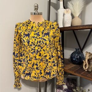 Me + Em Blouse Womens Size 6 Yellow Blue Floral Smocked Cotton Top